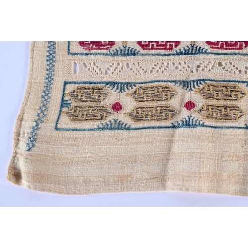 333 - A GREEK EMBROIDERED TEXTILE depicting red and gold motifs. 92 cm x 36 cm.