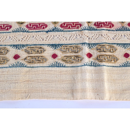 333 - A GREEK EMBROIDERED TEXTILE depicting red and gold motifs. 92 cm x 36 cm.