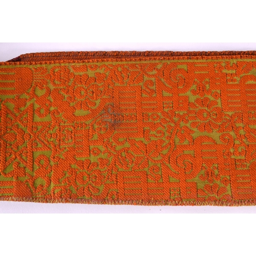 334 - A 19TH CENTURY TURKISH ORANGE AND RED SILK EMBROIDERED BELT decorated with gold motifs. 280 cm long ... 