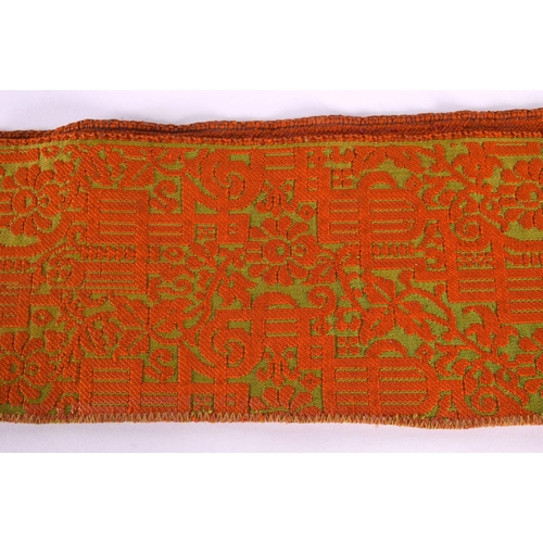 334 - A 19TH CENTURY TURKISH ORANGE AND RED SILK EMBROIDERED BELT decorated with gold motifs. 280 cm long ... 