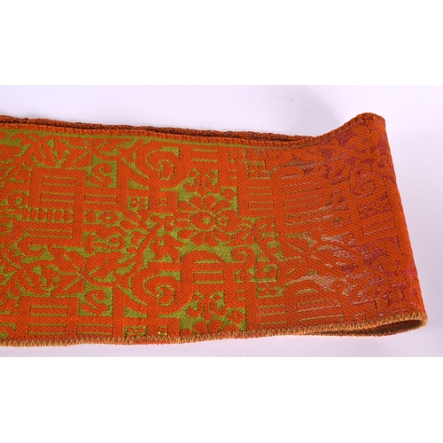 334 - A 19TH CENTURY TURKISH ORANGE AND RED SILK EMBROIDERED BELT decorated with gold motifs. 280 cm long ... 