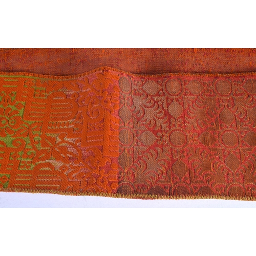 334 - A 19TH CENTURY TURKISH ORANGE AND RED SILK EMBROIDERED BELT decorated with gold motifs. 280 cm long ... 