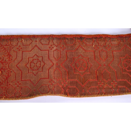 334 - A 19TH CENTURY TURKISH ORANGE AND RED SILK EMBROIDERED BELT decorated with gold motifs. 280 cm long ... 