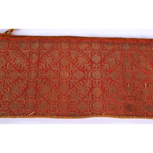 334 - A 19TH CENTURY TURKISH ORANGE AND RED SILK EMBROIDERED BELT decorated with gold motifs. 280 cm long ... 