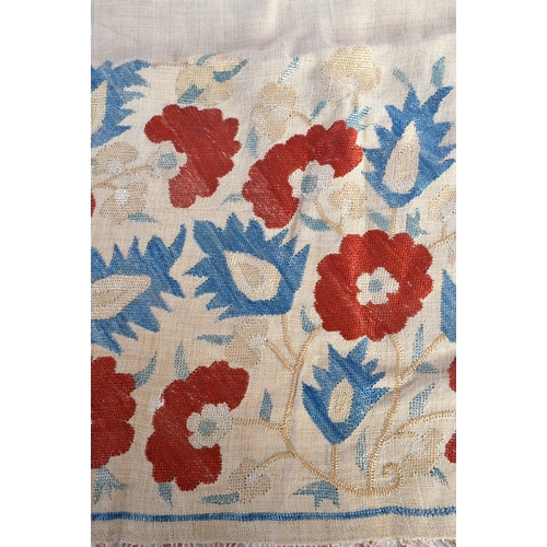 336 - A GOOD 17TH CENTURY TURKISH IZNIK SILK EMBROIDERED TEXTILE depicting red and blue foliage. 155 cm x ... 