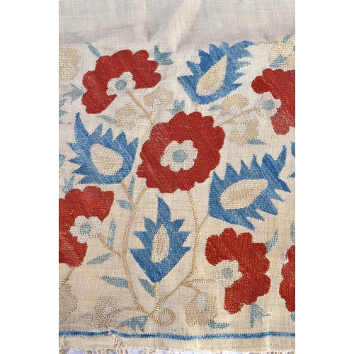 336 - A GOOD 17TH CENTURY TURKISH IZNIK SILK EMBROIDERED TEXTILE depicting red and blue foliage. 155 cm x ... 