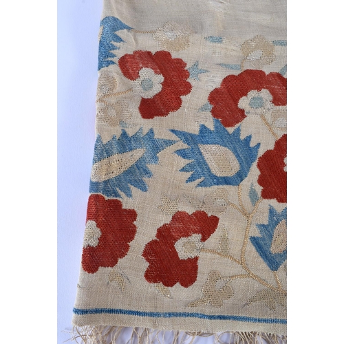 336 - A GOOD 17TH CENTURY TURKISH IZNIK SILK EMBROIDERED TEXTILE depicting red and blue foliage. 155 cm x ... 