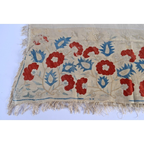 336 - A GOOD 17TH CENTURY TURKISH IZNIK SILK EMBROIDERED TEXTILE depicting red and blue foliage. 155 cm x ... 