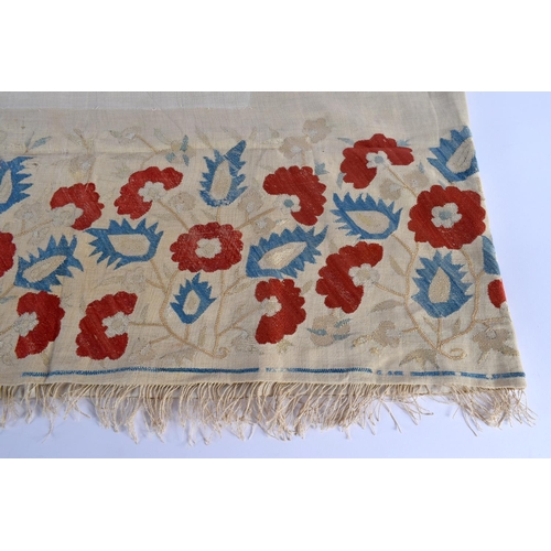 336 - A GOOD 17TH CENTURY TURKISH IZNIK SILK EMBROIDERED TEXTILE depicting red and blue foliage. 155 cm x ... 