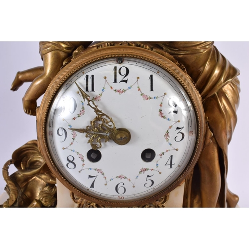 339 - A LARGE 19TH CENTURY FRENCH GILT BRONZE AND WHITE MARBLE MANTEL CLOCK formed with a female and putti... 