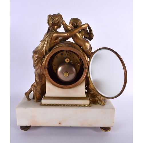 339 - A LARGE 19TH CENTURY FRENCH GILT BRONZE AND WHITE MARBLE MANTEL CLOCK formed with a female and putti... 