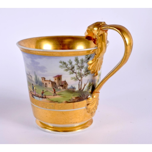 34 - A 19TH CENTURY AUSTRIAN VIENNA PORCELAIN CUP AND SAUCER painted with landscapes. 13 cm diameter.