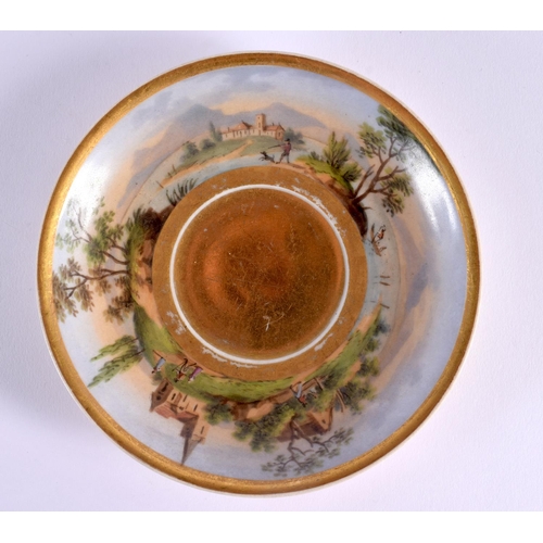 34 - A 19TH CENTURY AUSTRIAN VIENNA PORCELAIN CUP AND SAUCER painted with landscapes. 13 cm diameter.