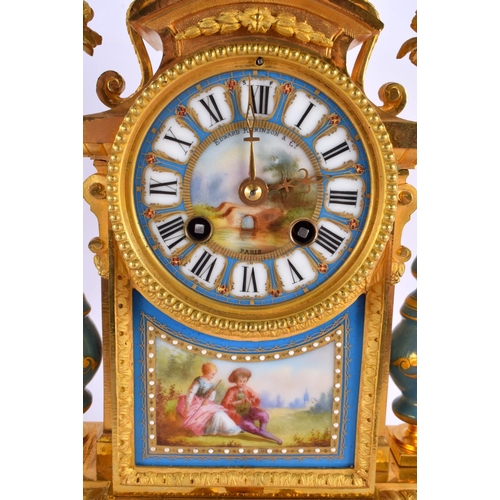 340 - A LARGE 19TH CENTURY FRENCH GILT BRONZE SEVRES PORCELAIN MANTEL CLOCK painted with figures within la... 