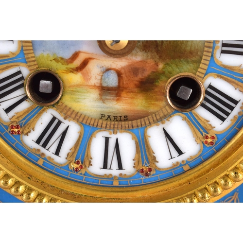 340 - A LARGE 19TH CENTURY FRENCH GILT BRONZE SEVRES PORCELAIN MANTEL CLOCK painted with figures within la... 