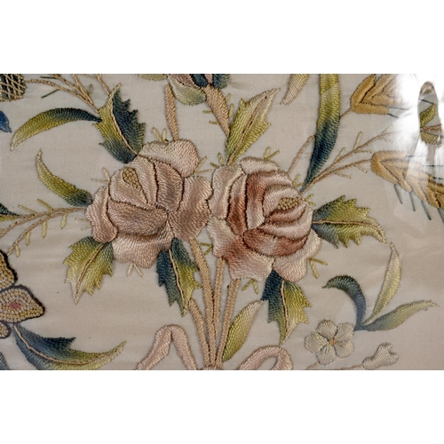 341 - A FINE PAIR OF 18TH/19TH CENTURY COUNTRY HOUSE EMBROIDERED SILK PANELS depicting foliage behind orig... 