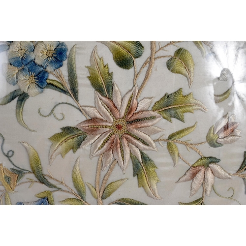 341 - A FINE PAIR OF 18TH/19TH CENTURY COUNTRY HOUSE EMBROIDERED SILK PANELS depicting foliage behind orig... 