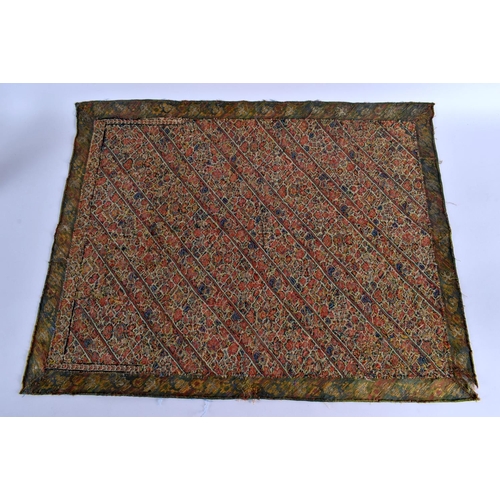 342 - AN ANTIQUE CONTINENTAL EMBROIDERED SILK TEXTILE depicting angular panels foliage. 75 cm x 55 cm.