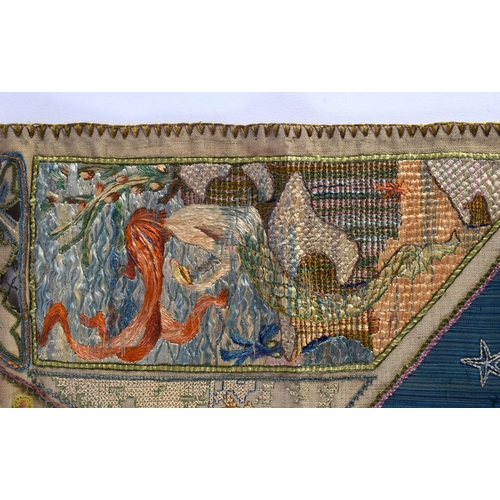 343 - A LOVELY ARTS AND CRAFTS EMBROIDERED SILK TEXTILE depicting figures on boats, mermaids, armorials et... 