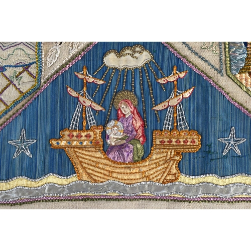 343 - A LOVELY ARTS AND CRAFTS EMBROIDERED SILK TEXTILE depicting figures on boats, mermaids, armorials et... 