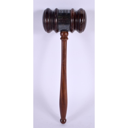 350 - A VINTAGE SILVER MOUNTED CARVED WOOD GAVEL presented to Mayor J D Kirwin, East Paterson. 24 cm long.