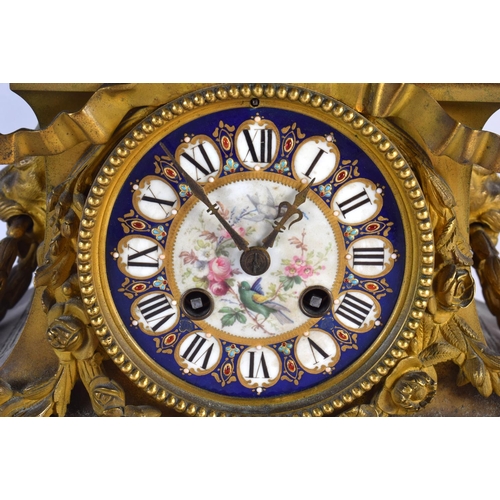 361 - A 19TH CENTURY FRENCH BRONZE AND SEVRES PORCELAIN MANTEL CLOCK painted with flowers. 30 cm x 25 cm.