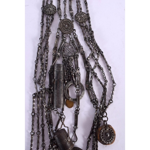 364 - A RARE EXTENSIVE GEORGE III STEEL CUT CHATELAINE with numerous tools. 52 cm long.