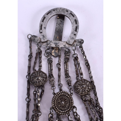 364 - A RARE EXTENSIVE GEORGE III STEEL CUT CHATELAINE with numerous tools. 52 cm long.