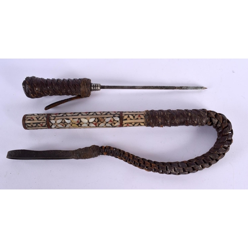 371 - A RARE 19TH CENTURY MIDDLE EASTERN TURKISH OTTOMAN SWORD STICK wrapped in leather, the central secti... 