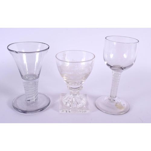 38 - THREE ANTIQUE WINE GLASSES. Largest 13 cm high. (3)