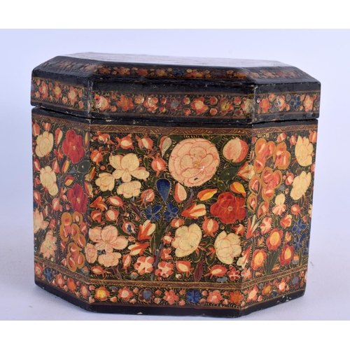 380 - A 19TH CENTURY MIDDLE EASTERN KASHMIR LACQUER BOX AND COVER painted with flowers. 18 cm x 13 cm.