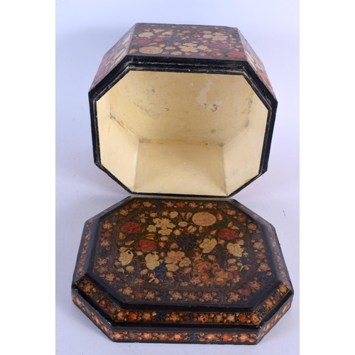 380 - A 19TH CENTURY MIDDLE EASTERN KASHMIR LACQUER BOX AND COVER painted with flowers. 18 cm x 13 cm.