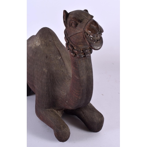 384 - A LARGE 19TH CENTURY ANGLO INDIAN CARVED HARDWOOD FIGURE OF A CAMEL modelled recumbent. 34 cm x 27 c... 