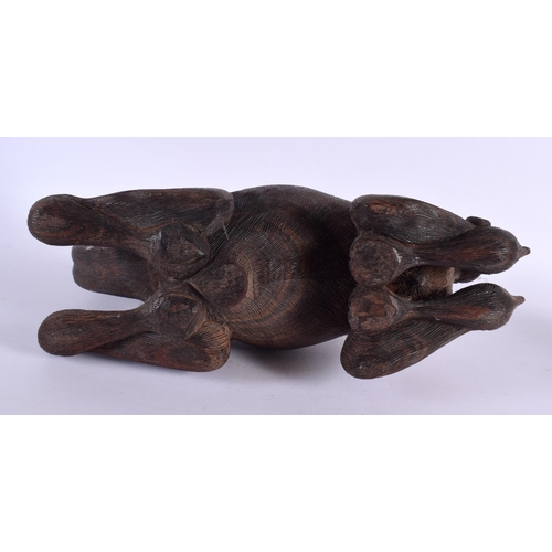 384 - A LARGE 19TH CENTURY ANGLO INDIAN CARVED HARDWOOD FIGURE OF A CAMEL modelled recumbent. 34 cm x 27 c... 