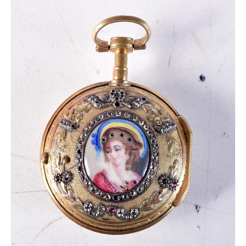 1005 - AN EARLY 19TH CENTURY CONTINENTAL YELLOW METAL AND ENAMEL WATCH painted with a portrait of a female.... 