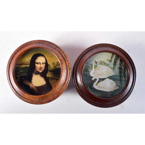 1021 - TWO REVERSE PAINTED WOOD SNUFF BOXES. 8.5 cm wide. (2)