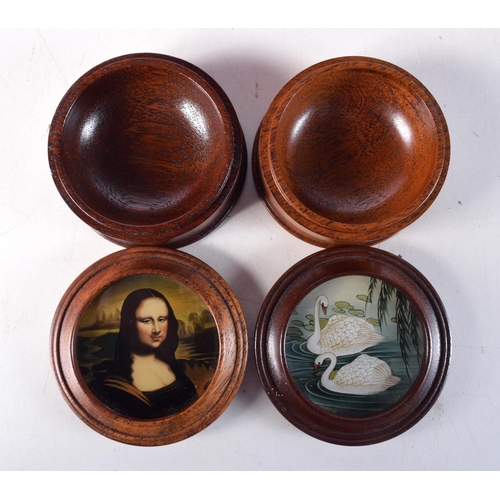 1021 - TWO REVERSE PAINTED WOOD SNUFF BOXES. 8.5 cm wide. (2)