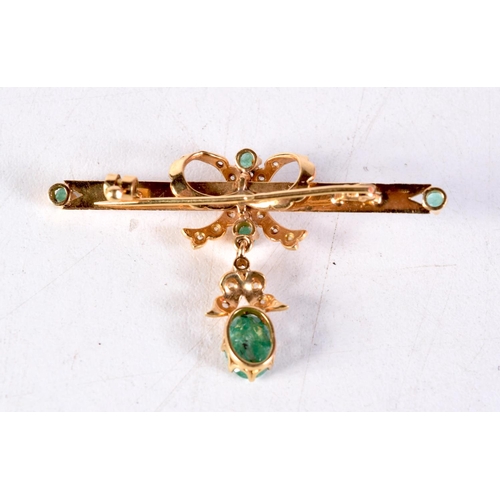 1107 - A VICTORIAN YELLOW METAL AND EMERALD BROOCH. 7.2 grams. 5 cm x 3 cm.