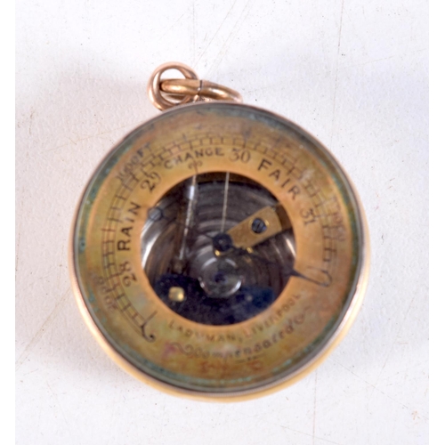 1179 - A RARE ANTIQUE YELLOW METAL MINIATURE COMPASS BAROMETER. 20.5 grams. 2.75 cm x 1.5 cm.