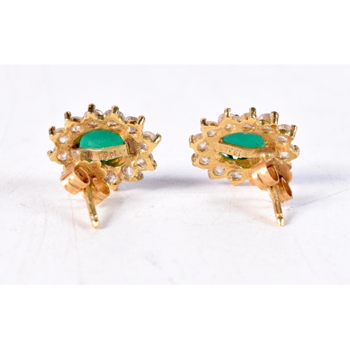 1187 - A PAIR OF 18CT GOLD  AND JADE EARRINGS. 4.1 grams. 1.5 cm x 1.25 cm.