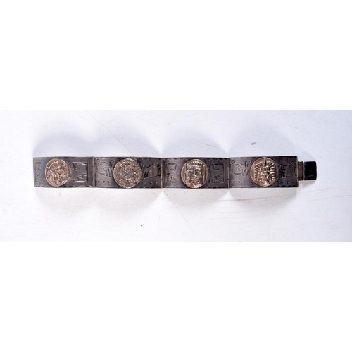 1213 - A SOUTH AMERICAN SILVER AND 10K GOLD BRACELET. 36.3 grams. 16.5 cm long.