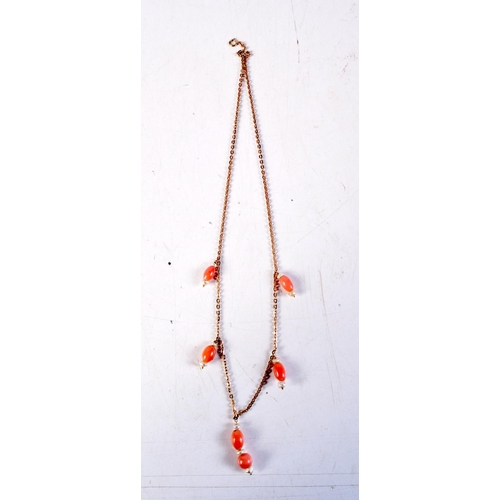 1270 - A 9CT GOLD CORAL AND PEARL NECKLACE. 12.3 grams. 55 cm long.