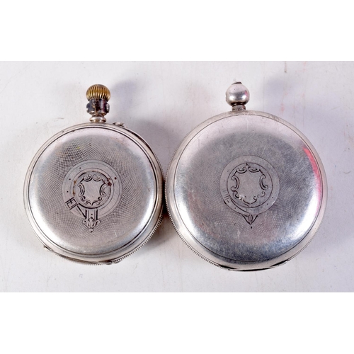 1353 - TWO ANTIQUE SILVER POCKET WATCHES. Birmingham 1885 & 1898. 214 grams. 5.25 cm wide. (2)