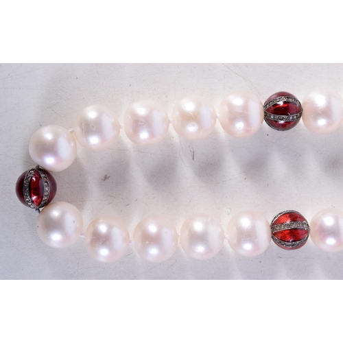 1360 - AN 18CT WHITE GOLD PEARL AND DIAMOND NECKLACE. 73 grams. 47 cm long.