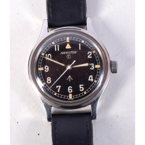 1363 - A HAMILTON BLACK DIAL MILITARY WRISTWATCH. 3.75 cm wide inc crown.