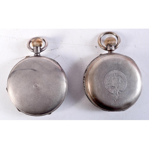 1376 - TWO ANTIQUE SILVER POCKET WATCHES. Birmingham 1900 & Chester 1901. 264 grams. 5.25 cm wide. (2)