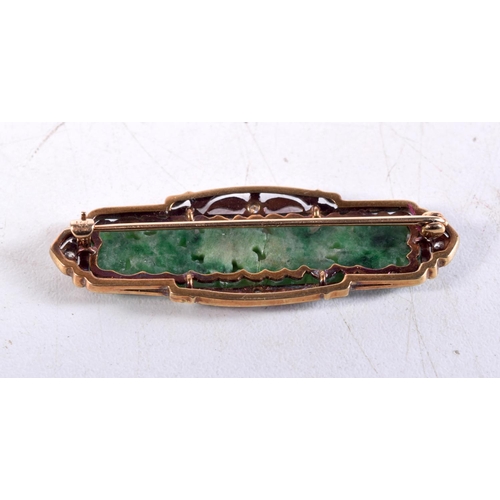 1380 - AN ART DECO 14CT GOLD ENAMEL JADE AND DIAMOND BROOCH. 8.2 grams. 5.25 cm x 1.75 cm.