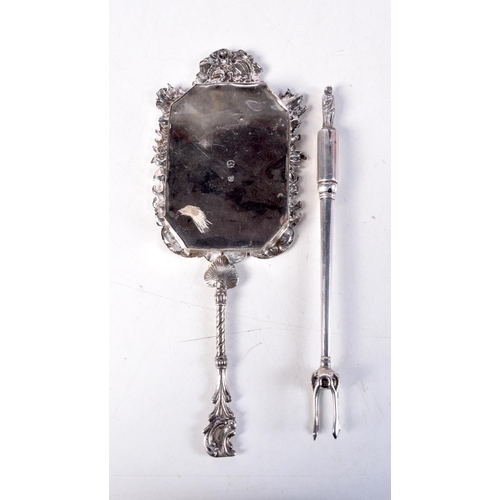 1392 - AN ANTIQUE ENGLISH SILVER MIRROR and a pronged ice pick. Birmingham & London 1900. 201 grams overall... 