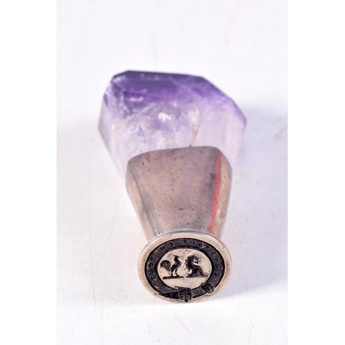 1402 - AN ANTIQUE SILVER AND AMETHYST SEAL. 91 grams. 8 cm x 4 cm.