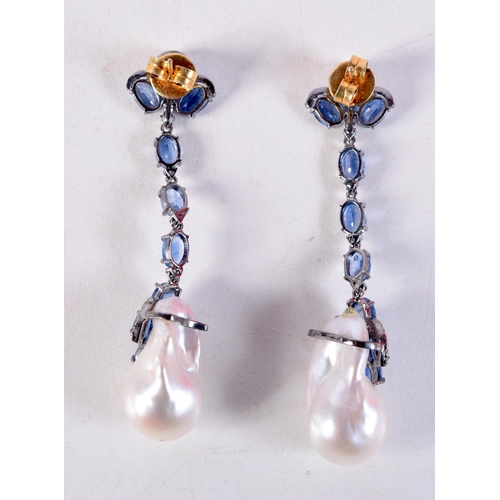 1409 - A PAIR OF DIAMOND SAPPHIRE AND PEARL EARRINGS. 20.2 grams. 7 cm x 1.5 cm.